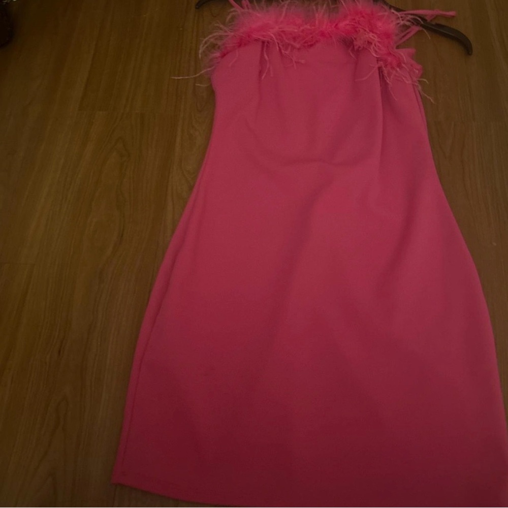 Pink Feather-Trim Mini Dress